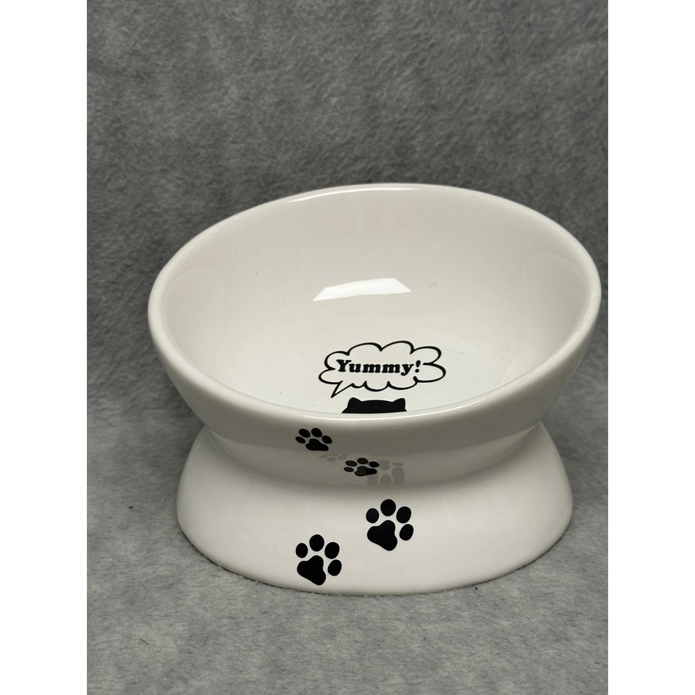 Unbranded Elevated Ceramic Pet Bowl White Tilted Cat Feeder Paw Prints Yummy